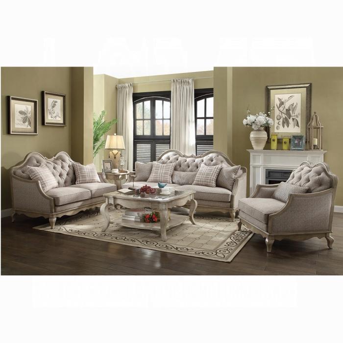 Chelmsford Beige Fabric & Antique Taupe Sofa w/5 Pillows - Marjories Furniture (Las Vegas, NV)