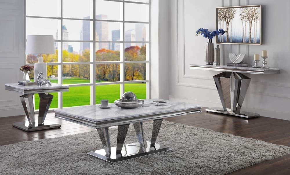 Satinka Light Gray Printed Faux Marble & Mirrored Silver Finish Table Set - Marjories Furniture (Las Vegas, NV)