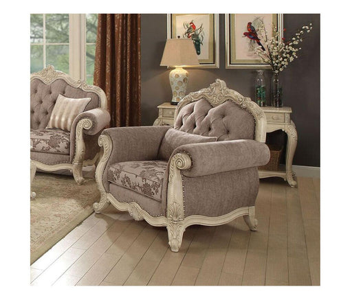 Acme Ragenardus Chair with 1 Pillow in Gray Fabric & Antique White 56022 - Marjories Furniture (Las Vegas, NV)