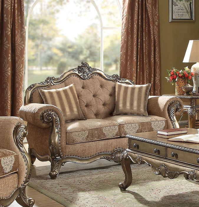 Acme Ragenardus Loveseat with 2 Pillows in Fabric & Vintage Oak 56031 - Marjories Furniture (Las Vegas, NV)