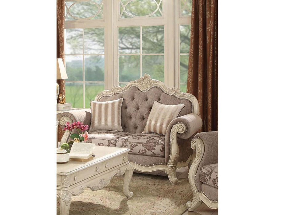 Acme Ragenardus Loveseat with 2 Pillows in Gray Fabric & Antique White 56021 - Marjories Furniture (Las Vegas, NV)