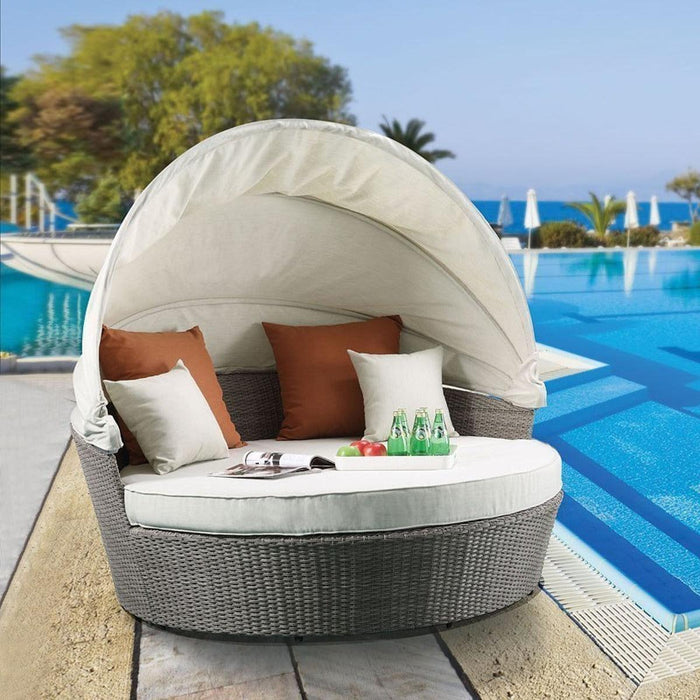 Acme Salena Patio Canopy Sofa with Ottoman in Beige Fabric & Gray Wicker 45025 - Marjories Furniture (Las Vegas, NV)