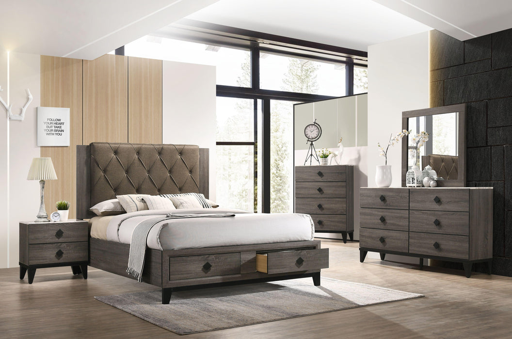 Avantika Fabric & Rustic Gray Oak Eastern King Bed (Storage) - Marjories Furniture (Las Vegas, NV)