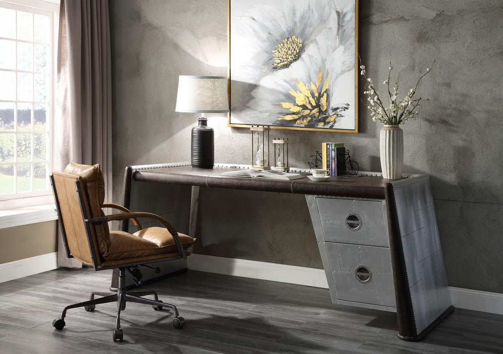 Brancaster Distress Chocolate Top Grain Leather & Aluminum Desk - Marjories Furniture (Las Vegas, NV)