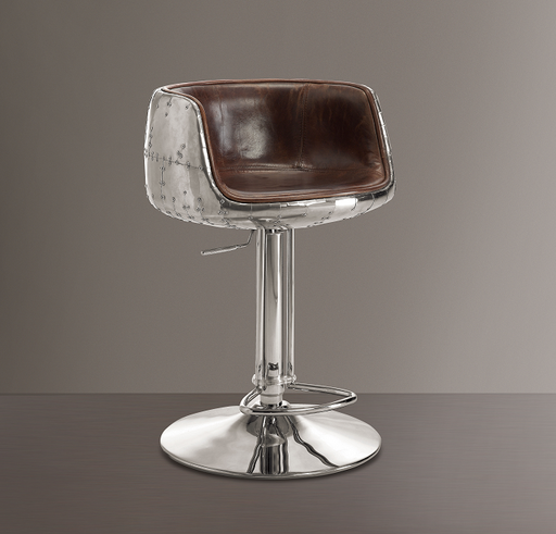 Brancaster Vintage Brown Top Grain Leather & Aluminum Adjustable Stool (1Pc) - Marjories Furniture (Las Vegas, NV)