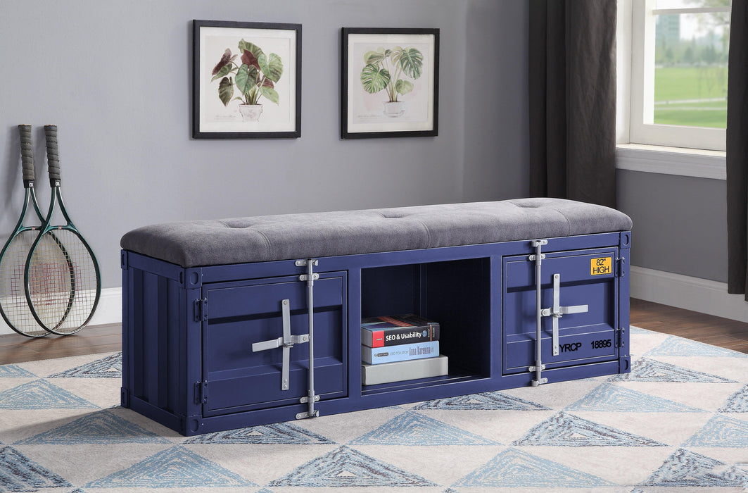 Cargo Gray Fabric & Blue Bench (Storage) - Marjories Furniture (Las Vegas, NV)