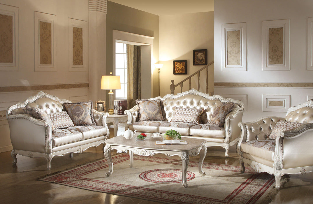 Chantelle Rose Gold PU/Fabric & Pearl White Sofa w/3 Pillows - Marjories Furniture (Las Vegas, NV)