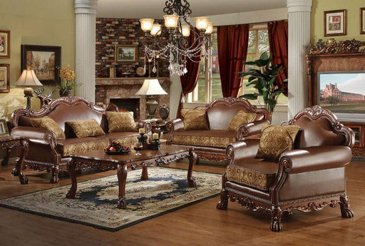 Dresden Brown PU & Chenille, Cherry Oak 3-Piece Living Room Set - Marjories Furniture (Las Vegas, NV)