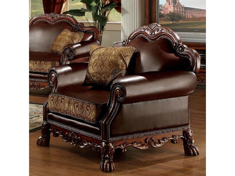 Dresden Brown PU & Chenille, Cherry Oak Chair & 1 Pillow - Marjories Furniture (Las Vegas, NV)
