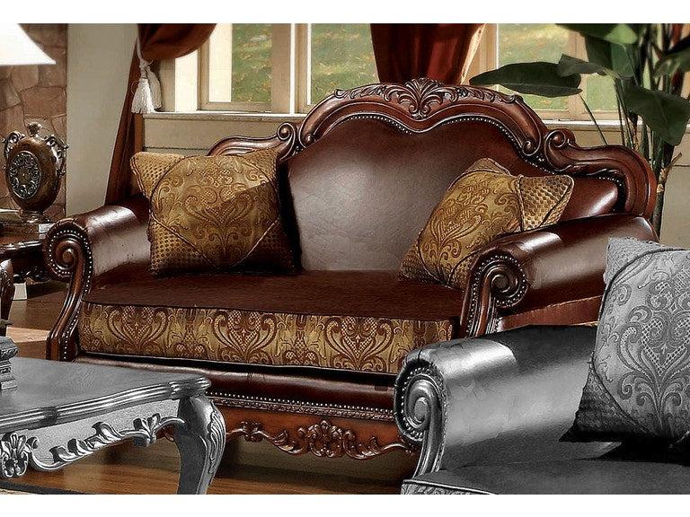 Dresden Brown PU & Chenille, Cherry Oak Loveseat w/2 Pillows - Marjories Furniture (Las Vegas, NV)