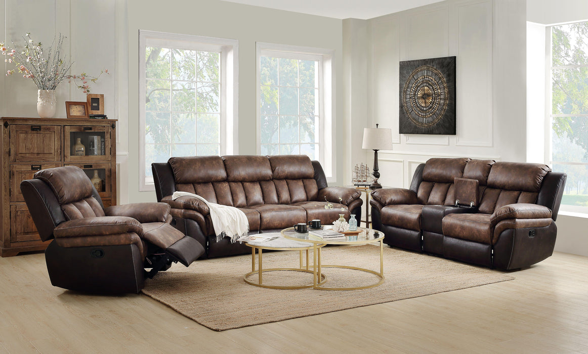 Jaylen Toffee & Espresso Polished Microfiber Sofa (Motion) - Marjories Furniture (Las Vegas, NV)