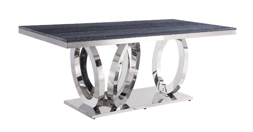 Nasir Gray Printed Faux Marble & Mirrored Silver Finish Dining Room Table - Marjories Furniture (Las Vegas, NV)