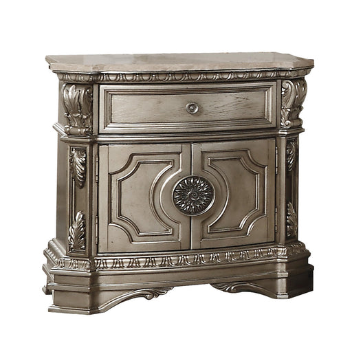 Northville Antique Silver Nightstand (MARBLE TOP) - Marjories Furniture (Las Vegas, NV)