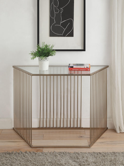 Oaklie Champagne & Clear Glass Sofa Table - Marjories Furniture (Las Vegas, NV)
