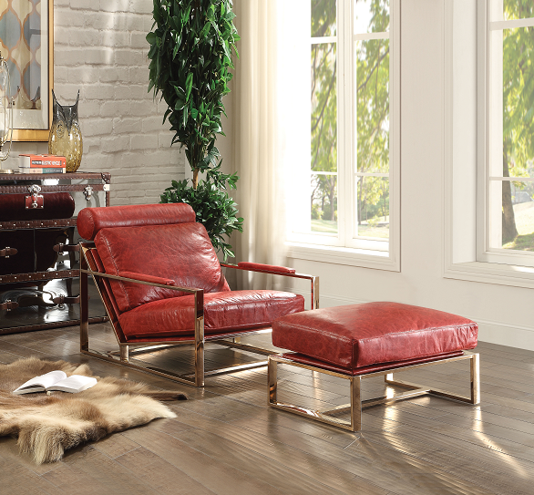 Quinto Antique Red Top Grain Leather & Stainless Steel Accent Chair - Marjories Furniture (Las Vegas, NV)