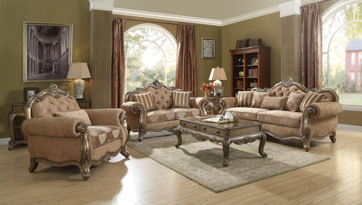 Ragenardus Fabric & Vintage Oak Sofa w/5 Pillows - Marjories Furniture (Las Vegas, NV)