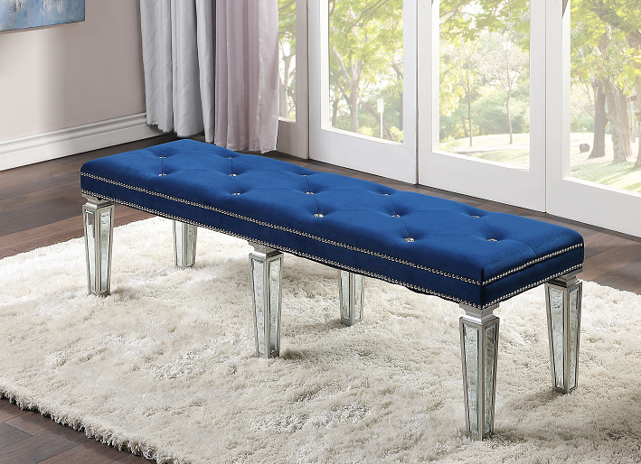 Varian Blue Velvet & Mirrored Bench - Marjories Furniture (Las Vegas, NV)