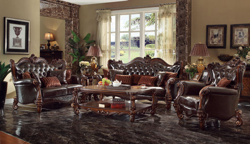 Versailles 2-Tone Dark Brown PU & Cherry Oak Sofa w/7 Pillows - Marjories Furniture (Las Vegas, NV)