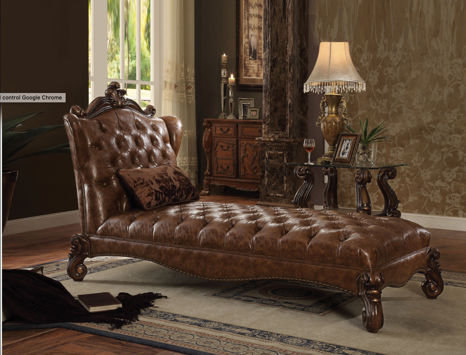 Versailles 2-Tone Light Brown PU & Cherry Oak Chaise & Pillow - Marjories Furniture (Las Vegas, NV)