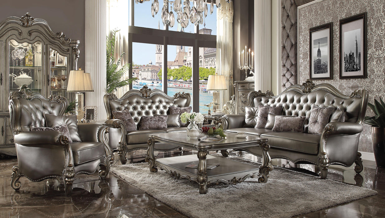 Versailles Silver PU & Antique Platinum Sofa w/6 Pillows - Marjories Furniture (Las Vegas, NV)