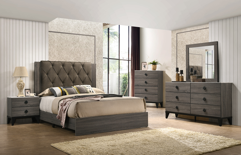 Avantika Fabric & Rustic Gray Oak Eastern King Bed - Marjories Furniture (Las Vegas, NV)