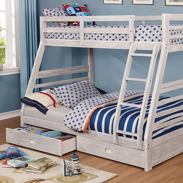 California III Wire-Brushed White Twin/Full Bunk Bed w/ 2 Drawers - Marjories Furniture (Las Vegas, NV)
