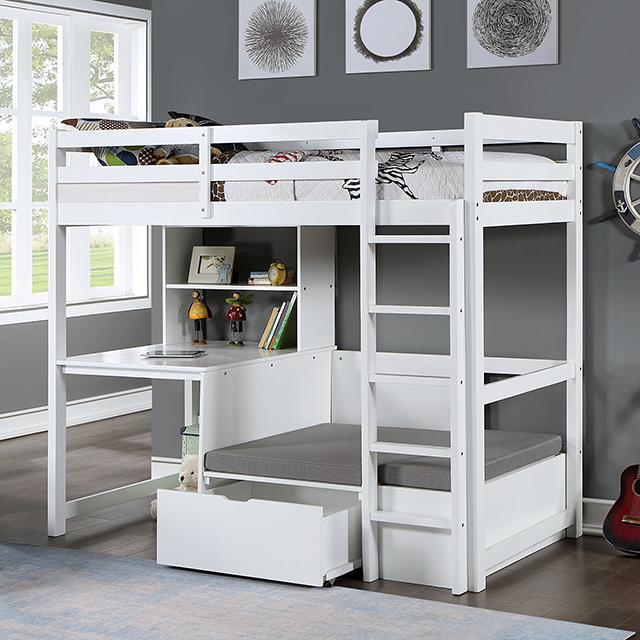 CALLISTUS Twin Workstation Loft Bed, White & Gray - Marjories Furniture (Las Vegas, NV)