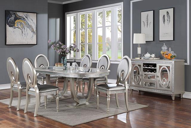 CATHALINA Oval Dining Table, Silver - Marjories Furniture (Las Vegas, NV)
