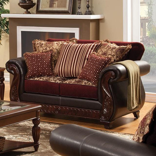 Franklin Burgundy/Espresso Love Seat, Burgundy - Marjories Furniture (Las Vegas, NV)