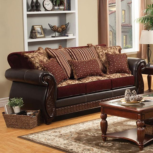 Franklin Burgundy/Espresso Sofa, Burgundy - Marjories Furniture (Las Vegas, NV)