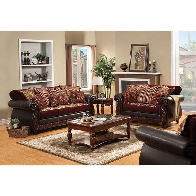 Franklin Burgundy/Espresso Love Seat, Burgundy - Marjories Furniture (Las Vegas, NV)
