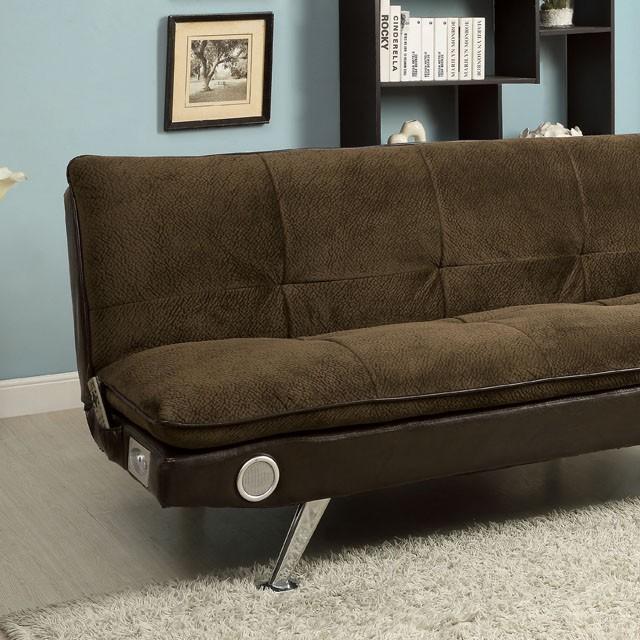 GALLAGHER Dark Brown/Chrome Futon Sofa w/ Bluetooth Speaker, Brown - Marjories Furniture (Las Vegas, NV)