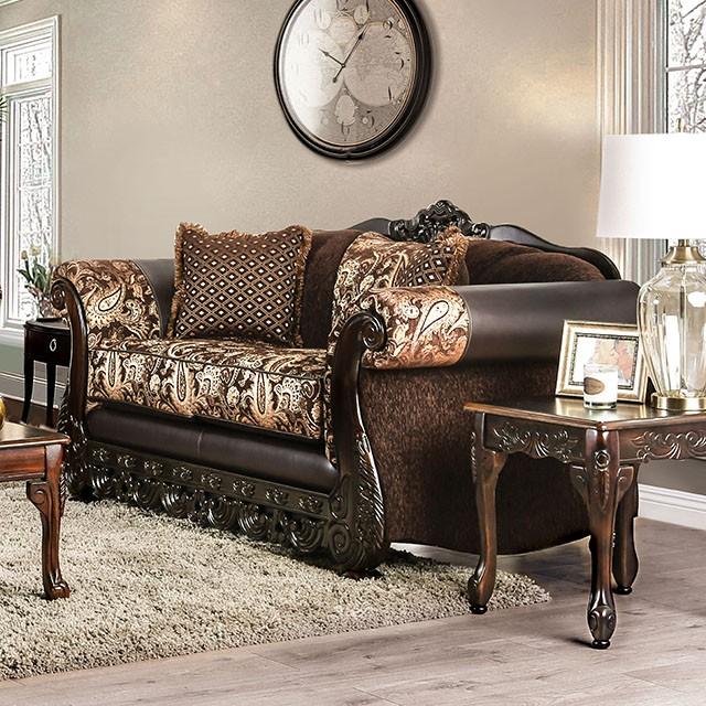 Newdale Brown/Gold Love Seat - Marjories Furniture (Las Vegas, NV)