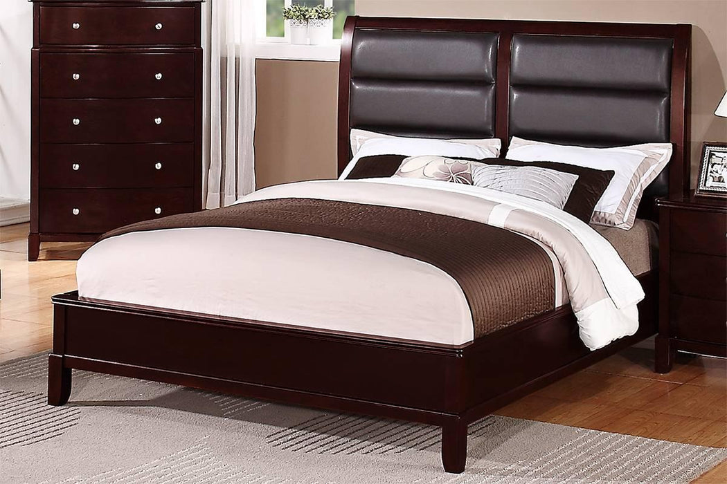 Vfvnco Calif. King Bed W. Boxed Faux Leather Headboard in Dark Cherry - Marjories Furniture (Las Vegas, NV)