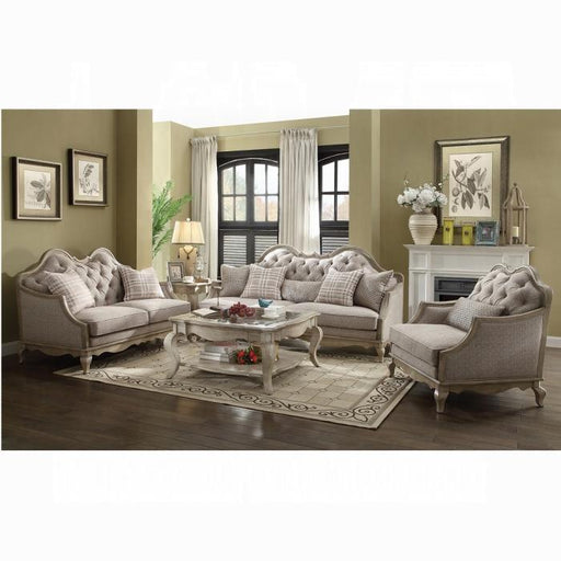 Chelmsford Beige Fabric & Antique Taupe Sofa w/5 Pillows - Marjories Furniture (Las Vegas, NV)
