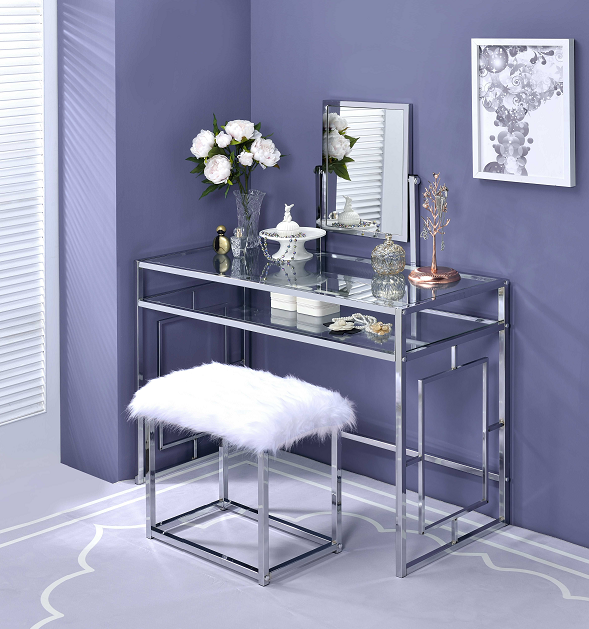 Carenze II White Faux Fur & Chrome Vanity Set - Marjories Furniture (Las Vegas, NV)