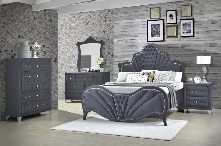 Dante Gray Velvet Queen Bed - Marjories Furniture (Las Vegas, NV)
