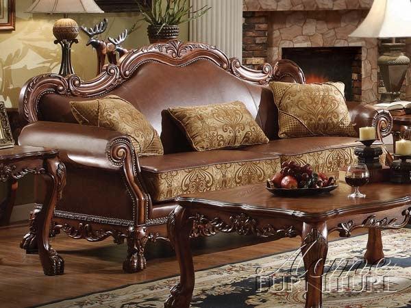 Dresden Brown PU & Chenille, Cherry Oak Sofa w/3 Pillows - Marjories Furniture (Las Vegas, NV)