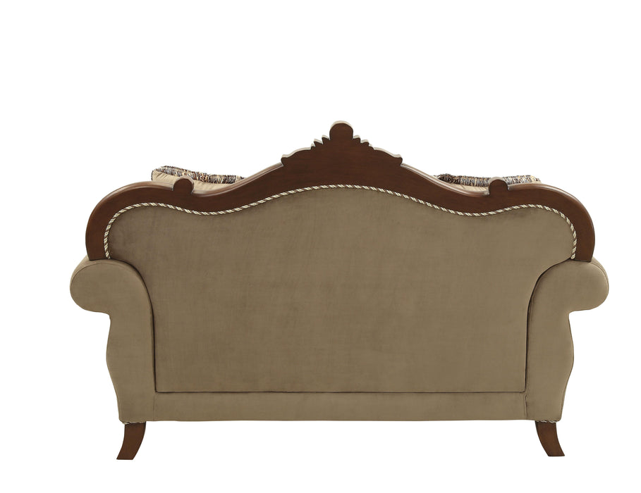 Mehadi Velvet & Walnut Loveseat w/6 Pillows - Marjories Furniture (Las Vegas, NV)