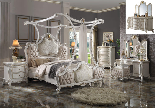 Picardy Fabric & Antique Pearl Eastern King Bed (Canopy) - Marjories Furniture (Las Vegas, NV)