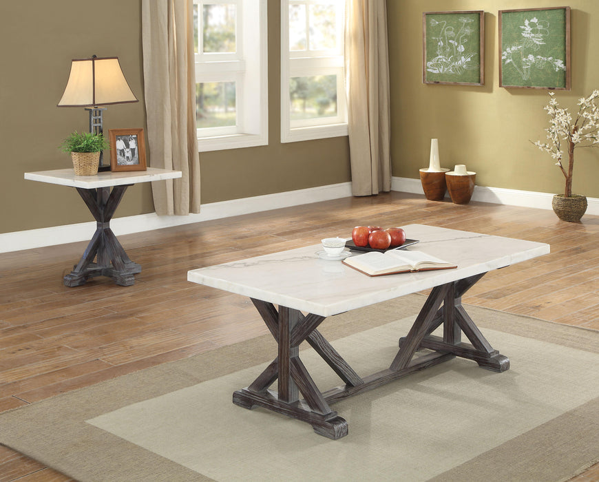 Romina White Marble & Weathered Espresso Coffee Table - Marjories Furniture (Las Vegas, NV)
