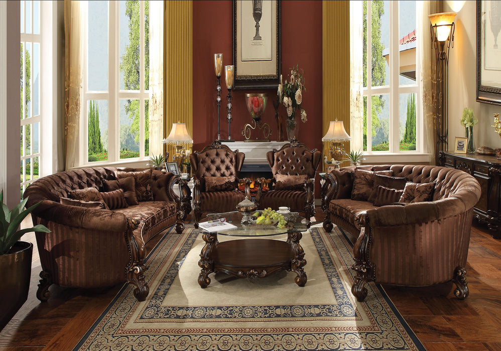 Versailles Brown Velvet & Cherry Oak Sofa w/5 Pillows - Marjories Furniture (Las Vegas, NV)
