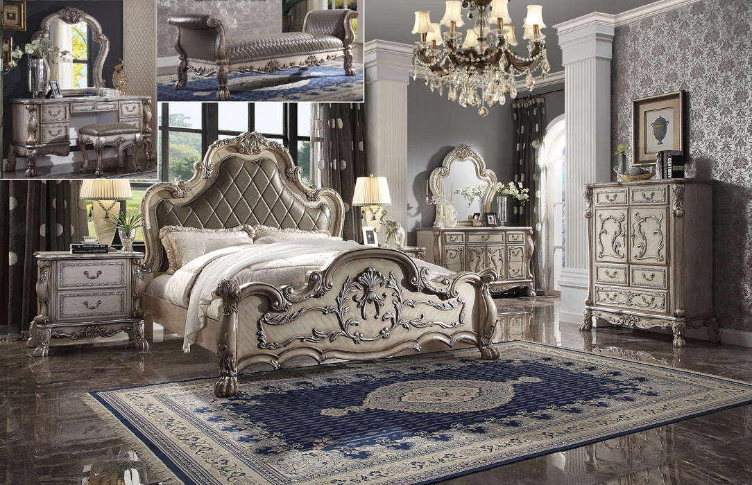 Dresden Vintage Bone White & PU Eastern King Bed - Marjories Furniture (Las Vegas, NV)