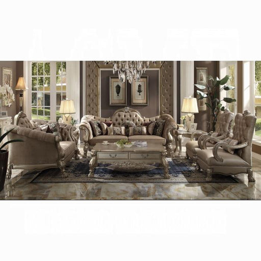 Dresden Bone Velvet & Gold Patina Sofa w/7 Pillows - Marjories Furniture (Las Vegas, NV)