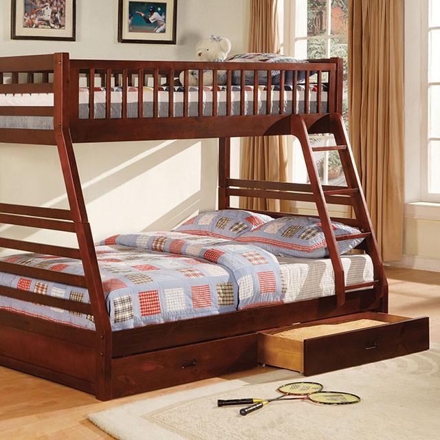 California II Cherry Twin/Full Bunk Bed w/ 2 Drawers Cherry, Walnut, Grey, &Oak - Marjories Furniture (Las Vegas, NV)
