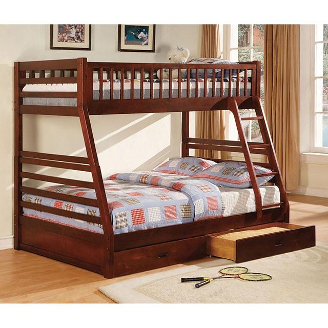 California II Cherry Twin/Full Bunk Bed w/ 2 Drawers Cherry, Walnut, Grey, &Oak - Marjories Furniture (Las Vegas, NV)