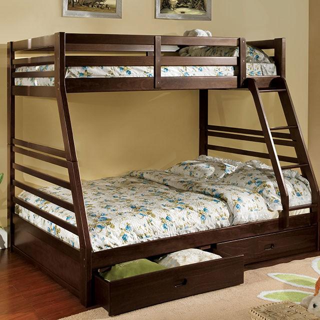 California II Cherry Twin/Full Bunk Bed w/ 2 Drawers Cherry, Walnut, Grey, &Oak - Marjories Furniture (Las Vegas, NV)