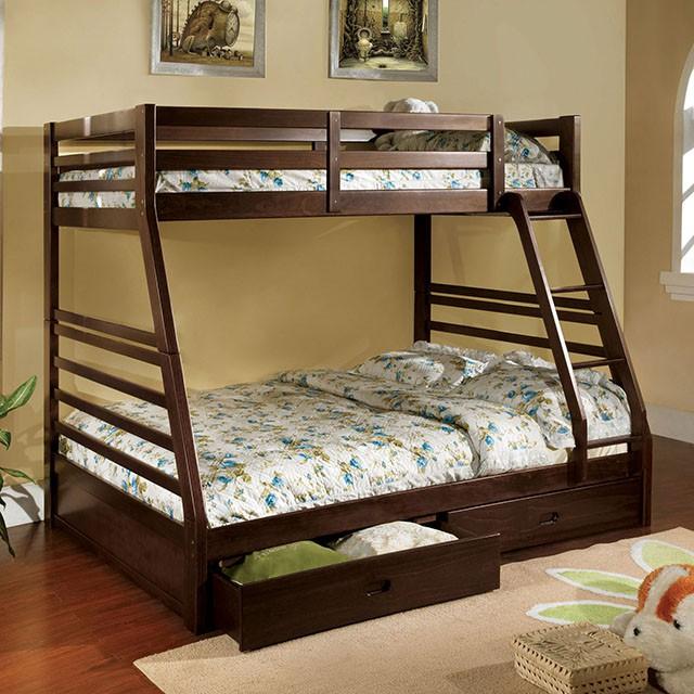 California II Cherry Twin/Full Bunk Bed w/ 2 Drawers Cherry, Walnut, Grey, &Oak - Marjories Furniture (Las Vegas, NV)