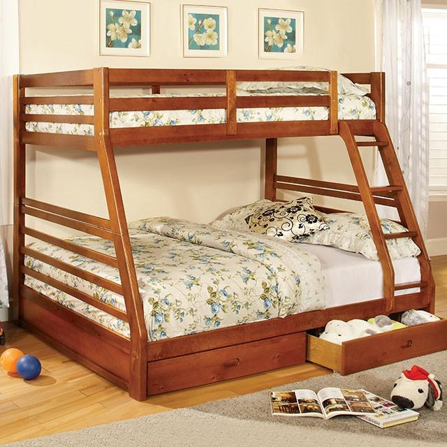 California II Cherry Twin/Full Bunk Bed w/ 2 Drawers Cherry, Walnut, Grey, &Oak - Marjories Furniture (Las Vegas, NV)