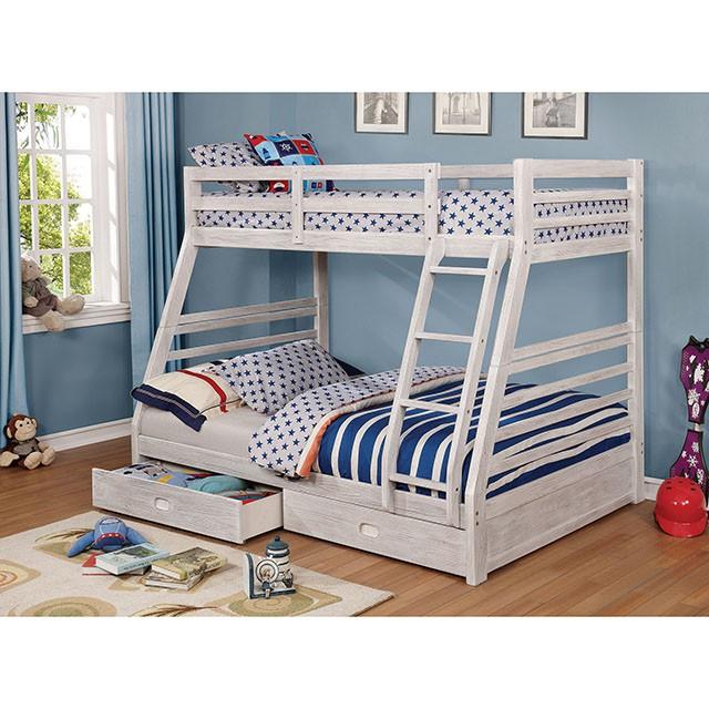 California III Wire-Brushed White Twin/Full Bunk Bed w/ 2 Drawers - Marjories Furniture (Las Vegas, NV)